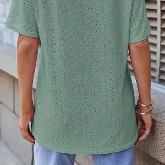 Fazortev Womens Eyelet Crew Neck T Loose Fit Casual Blouse Top(M) - Picture 4 of 5